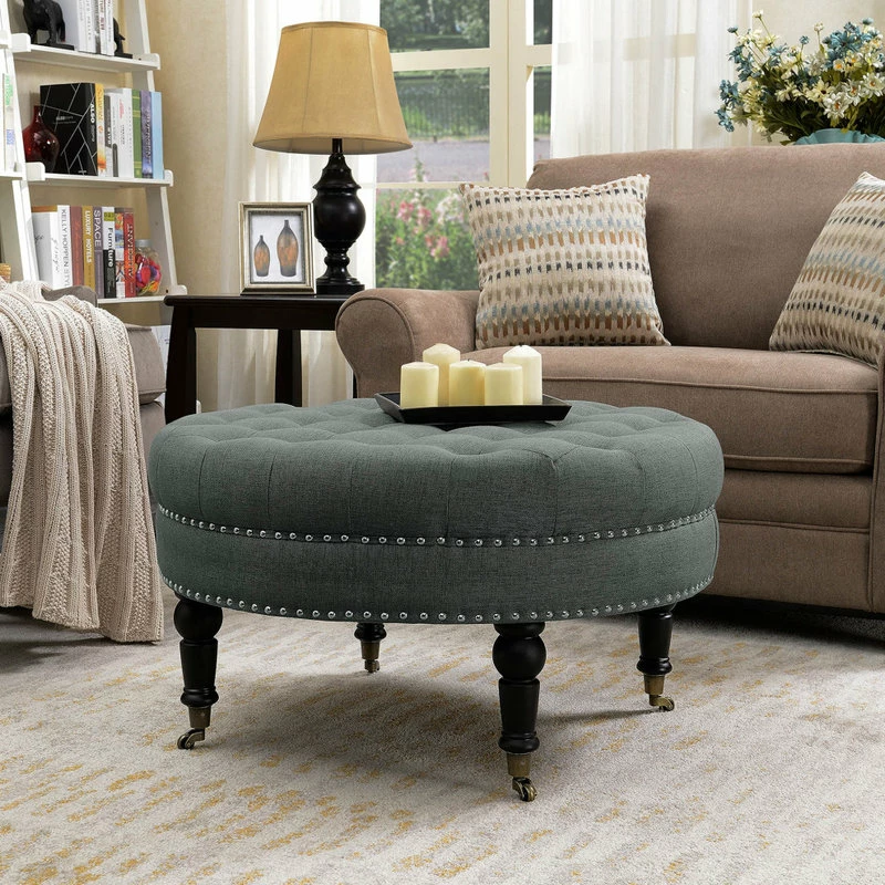 Budget ๐ Belleze Round Tufted Linen Ottoman With Caster, 33", Gray โค๏ธ - Image 2