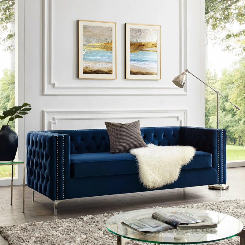 Promo ⭐ Inspired Home Jeannie Velvet 3-Seat Sofa Button Tufted With Metal Legs, Navy ⭐ - Image 3