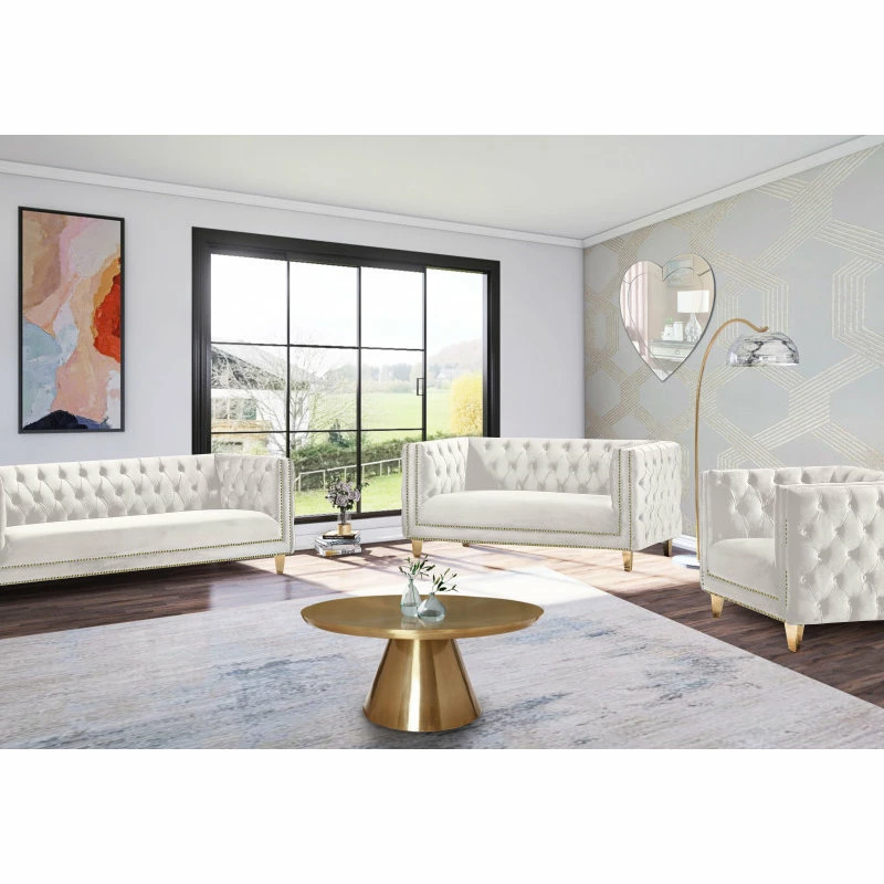 Cheapest ๐คฉ Meridian Furniture Michelle Fabric Upholstered Loveseat, Gold Iron Legs ๐ - Image 8