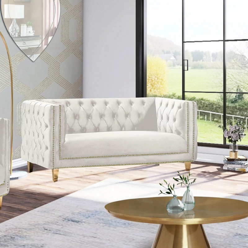 Cheapest ๐คฉ Meridian Furniture Michelle Fabric Upholstered Loveseat, Gold Iron Legs ๐ - Image 2