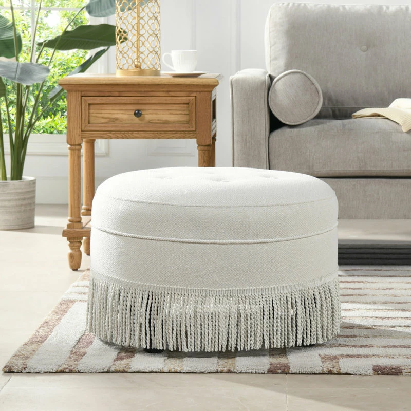 Promo ✔️ Jennifer Taylor Home Yolanda 24" Tufted Round Ottoman With Bullion Trim, Alabaster Off White Tweed ✨ - Image 11