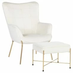 Flash Sale 🧨 LumiSource Izzy Contemporary Lounge Chair/Ottoman Set, Gold Metal/Cream Velvet Fabric 🛒