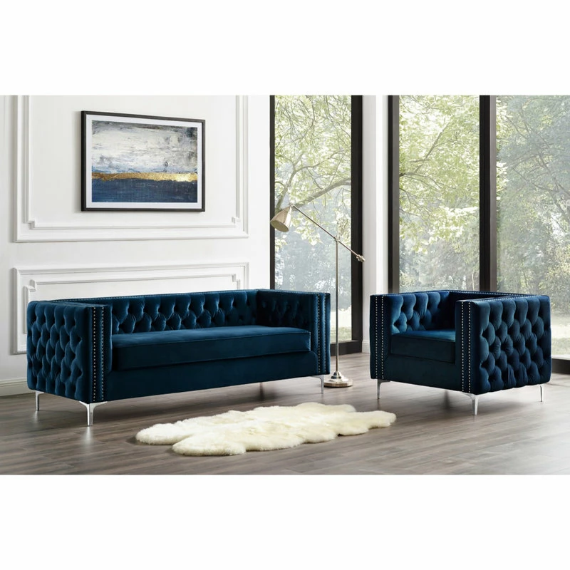 Promo ⭐ Inspired Home Jeannie Velvet 3-Seat Sofa Button Tufted With Metal Legs, Navy ⭐ - Image 2