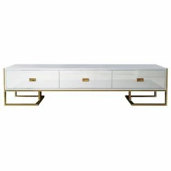 Deals 🌟 Homary White 79 Inch TV Stand 3-Drawer Media Stand With Gold Frame & Tempered Glass Top 🧨