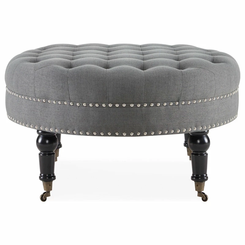 Budget ๐ Belleze Round Tufted Linen Ottoman With Caster, 33", Gray โค๏ธ - Image 4
