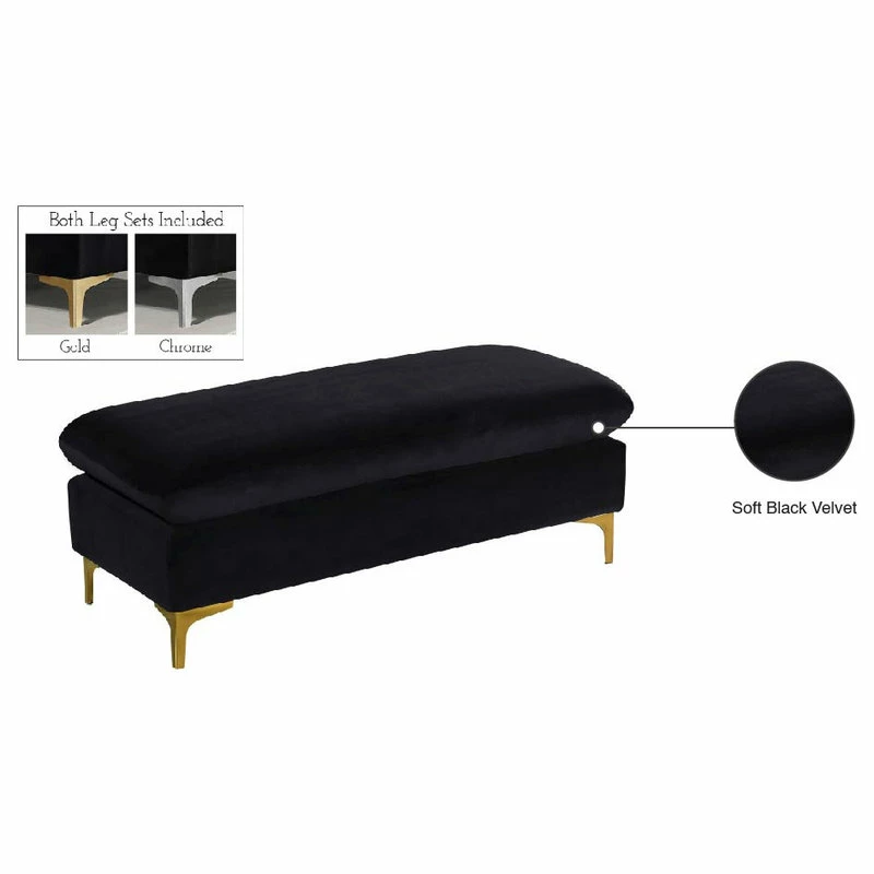 Wholesale π Meridian Furniture Naomi Velvet Ottoman/Bench, Gold And Chrome Leg Set, Black π - Image 3