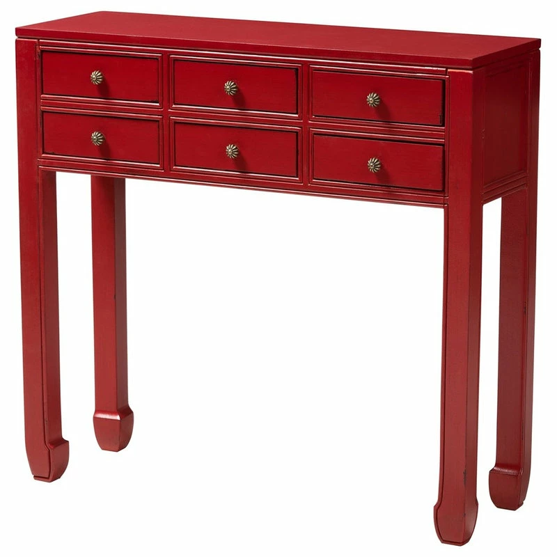 Promo โค๏ธ Baxton Studio Pomme Red Wood Bronze Accents 6-Drawer Console Table ๐