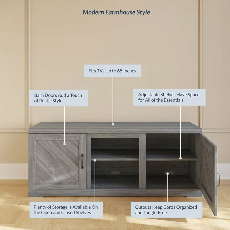 Top 10 ๐ BELLEZE Hilo 58" Barn Door TV Stand Console For TVs Up To 65", Gray Wash ๐ - Image 4