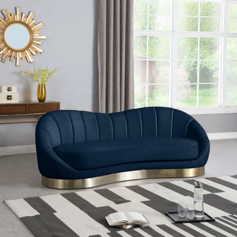 New โ Meridian Furniture Shelly Velvet Sofa With Brushed Gold Stainless Steel Base, Navy ๐ - Image 2