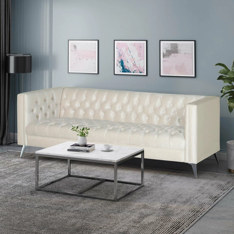 Best deal ๐ฅฐ GDFStudio Roxanne Tufted Velvet 3 Seat Sofa, Beige/Silver ๐ - Image 2