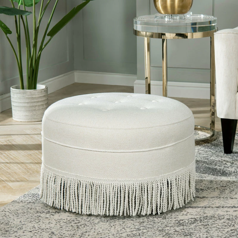 Promo ✔️ Jennifer Taylor Home Yolanda 24" Tufted Round Ottoman With Bullion Trim, Alabaster Off White Tweed ✨ - Image 2