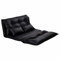 Best Sale 😀 Costway PU Leather Foldable Modern Floor Sofa Bed Video Gaming 2 Pillows Black ✨