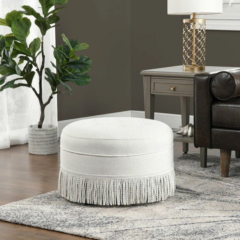 Promo ✔️ Jennifer Taylor Home Yolanda 24" Tufted Round Ottoman With Bullion Trim, Alabaster Off White Tweed ✨ - Image 3