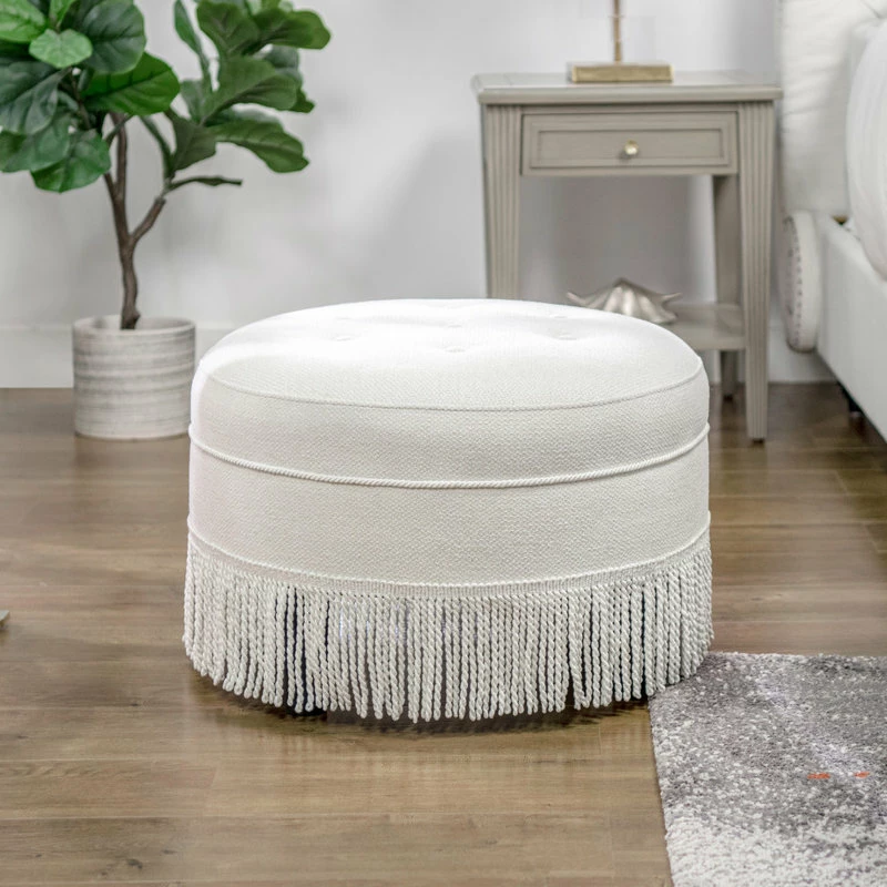 Promo ✔️ Jennifer Taylor Home Yolanda 24" Tufted Round Ottoman With Bullion Trim, Alabaster Off White Tweed ✨ - Image 12