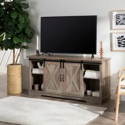 Best deal 🌟 Walker Edison 58" Farmhouse Sliding Barn Door TV Stand Media Console, Gray Wash 😉