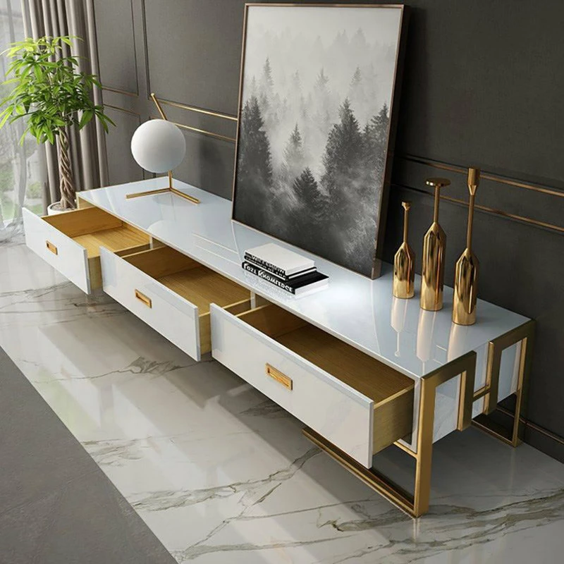 Deals ๐ Homary White 79 Inch TV Stand 3-Drawer Media Stand With Gold Frame & Tempered Glass Top ๐งจ - Image 5