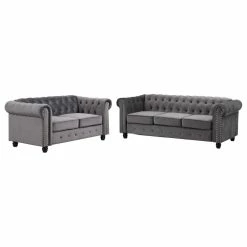 Flash Sale 😀 Best Master Furniture Venice Upholstered Living Room Sofa And Loveseat, 2-Piece Set, Velvet Gray ❤️
