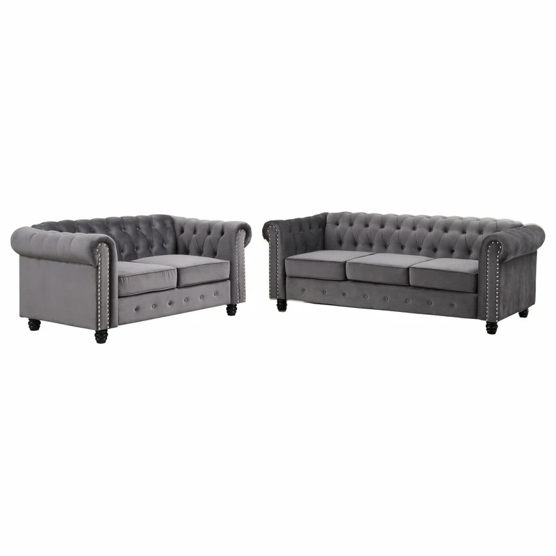 Flash Sale 😀 Best Master Furniture Venice Upholstered Living Room Sofa And Loveseat, 2-Piece Set, Velvet Gray ❤️