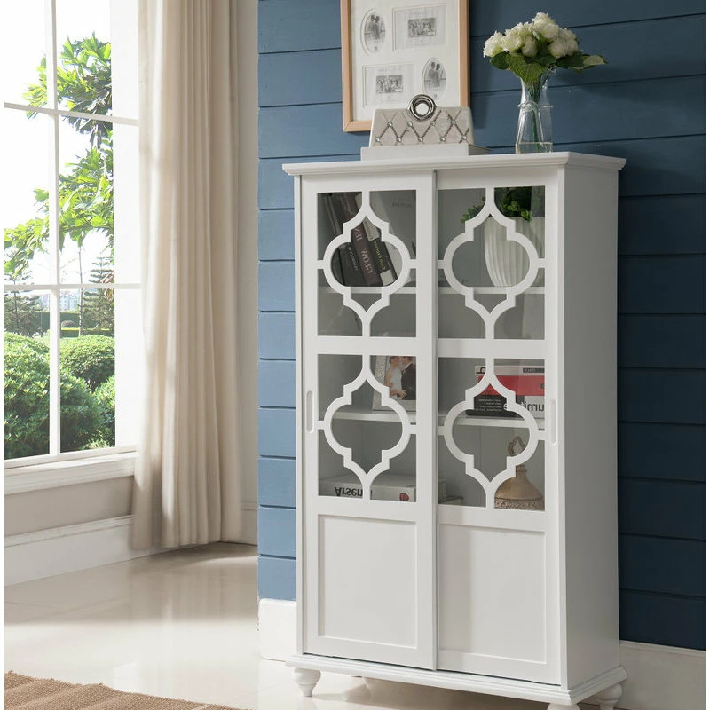 Best Sale ❤️ Pilaster Designs Callum Wood Curio Bookcase With Sliding Glass Doors, White 😉 - Image 3