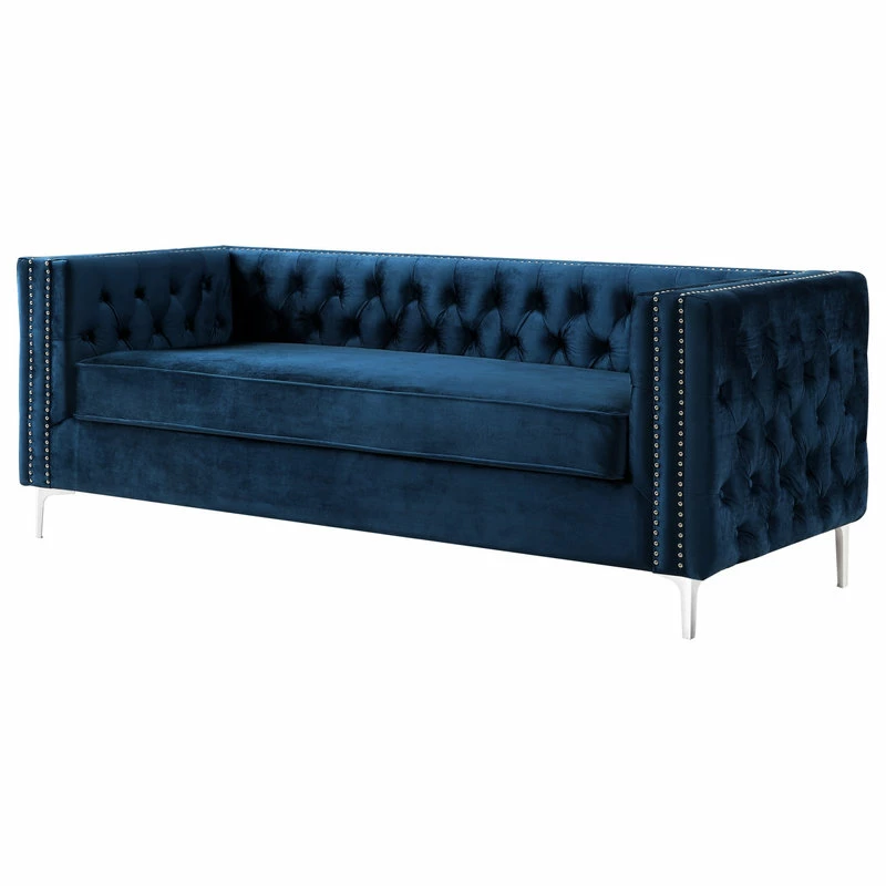 Promo ⭐ Inspired Home Jeannie Velvet 3-Seat Sofa Button Tufted With Metal Legs, Navy ⭐