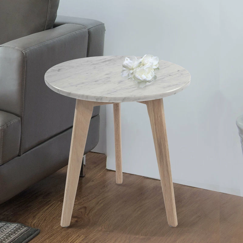 New โจ The Bianco Collection Cherie 15" Round Italian Carrara White Marble Side Table With Oak Legs ๐ - Image 2