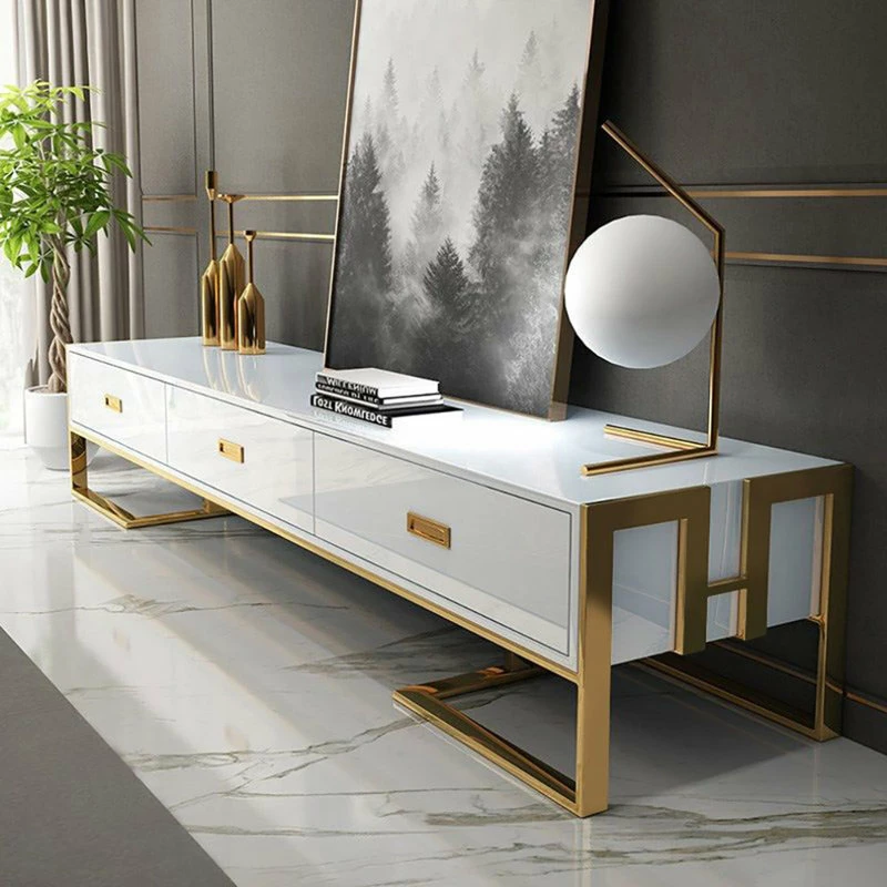 Deals ๐ Homary White 79 Inch TV Stand 3-Drawer Media Stand With Gold Frame & Tempered Glass Top ๐งจ - Image 4