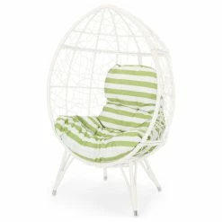 Deals 🔔 GDFStudio Gina Indoor Wicker Teardrop Chair With Cushion, White/Green 🛒