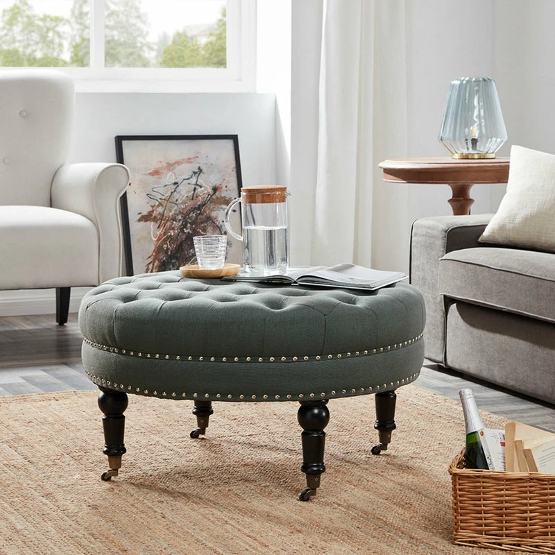 Budget ๐ Belleze Round Tufted Linen Ottoman With Caster, 33", Gray โค๏ธ - Image 3