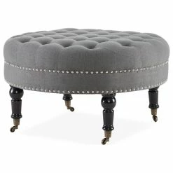 Budget 🛒 Belleze Round Tufted Linen Ottoman With Caster, 33", Gray ❤️