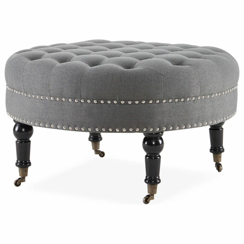 Budget ๐ Belleze Round Tufted Linen Ottoman With Caster, 33", Gray โค๏ธ