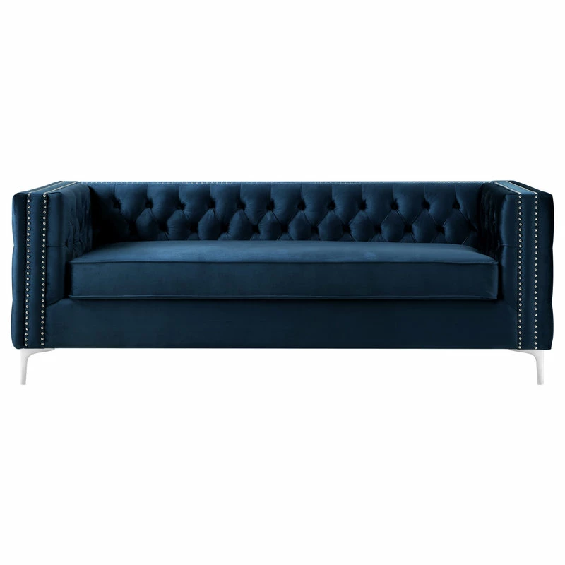 Promo ⭐ Inspired Home Jeannie Velvet 3-Seat Sofa Button Tufted With Metal Legs, Navy ⭐ - Image 4