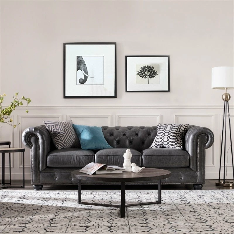 Hot Sale π Bowery Hill Traditional Gray Leather Chesterfield Sofa In Grey π - Image 2
