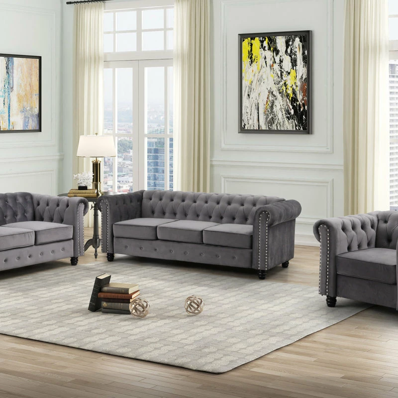 Flash Sale 😀 Best Master Furniture Venice Upholstered Living Room Sofa And Loveseat, 2-Piece Set, Velvet Gray ❤️ - Image 2