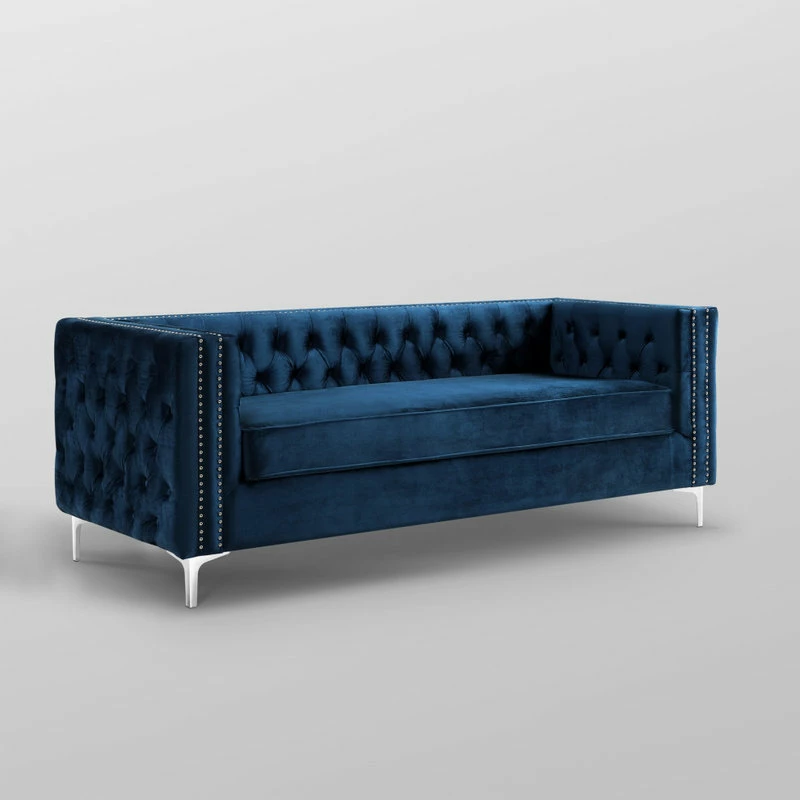 Promo ⭐ Inspired Home Jeannie Velvet 3-Seat Sofa Button Tufted With Metal Legs, Navy ⭐ - Image 7