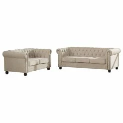 Best deal 🔔 Best Master Furniture Venice Upholstered Living Room Sofa And Loveseat, 2-Piece Set, Beige 🎉