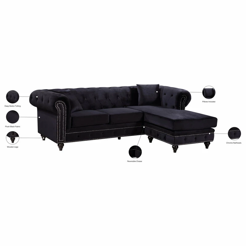 Deals 🌟 Meridian Furniture Sabrina Velvet 2-Piece Reversible Sectional, Black 🎉 - Image 6