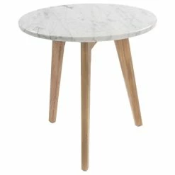 New ✨ The Bianco Collection Cherie 15" Round Italian Carrara White Marble Side Table With Oak Legs 🎁