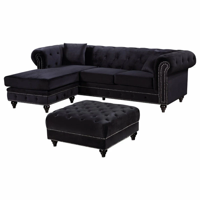 Deals 🌟 Meridian Furniture Sabrina Velvet 2-Piece Reversible Sectional, Black 🎉 - Image 3