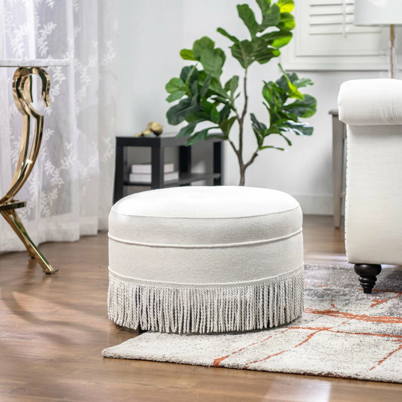 Promo ✔️ Jennifer Taylor Home Yolanda 24" Tufted Round Ottoman With Bullion Trim, Alabaster Off White Tweed ✨ - Image 13