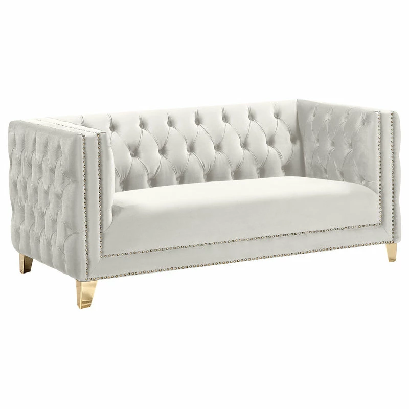 Cheapest ๐คฉ Meridian Furniture Michelle Fabric Upholstered Loveseat, Gold Iron Legs ๐