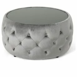 Promo 🤩 GDFStudio GDF Studio Ivy Glam Velvet And Tempered Glass Coffee Table Ottoman, Smoke/Black 🧨