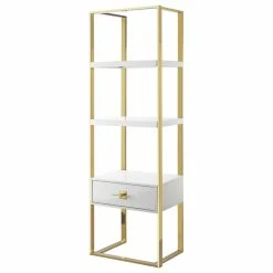 Budget 🔔 Nicole Miller Moku Bookshelf, 1 Drawer 3 Shelves, White And Gold 👍