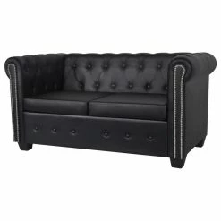 Budget 😍 Vida XL LLC VidaXL Chesterfield 2-Seater Artificial Leather Black Living Room Furniture ✨