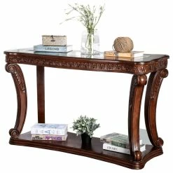 Promo 🔥 Benzara, Woodland Imprts, The Urban Port Traditional Sofa Table With Cabriole Legs And Wooden Carving, Brown 😍